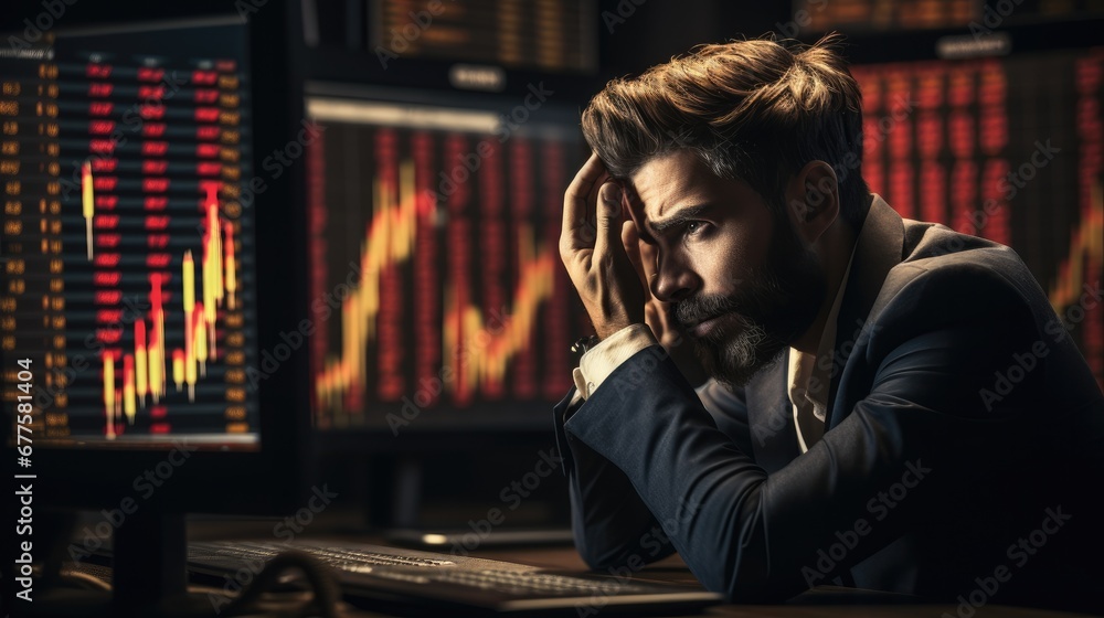 Aufkleber recession, inflation, a man trader staring at a computer screen displaying plummeting stock prices, 