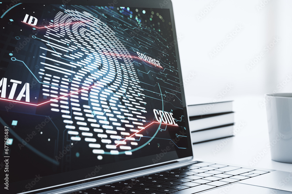 Leinwandbilder abstract creative fingerprint hologram on modern computer monitor, protection of personal informatio