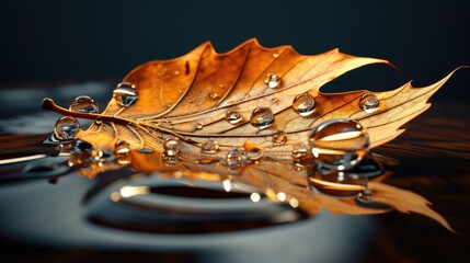 Fallen leaf in shiny water drops