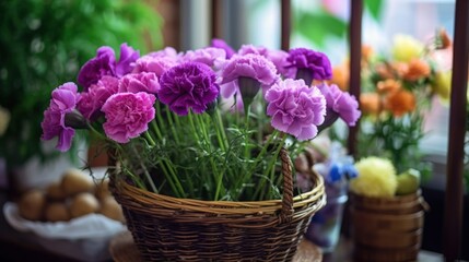 Purple carnations in a basket on a table in the garden. Mother's Day Concept. Valentine's Day Concept with a Copy Space. Springtime.