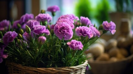 Beautiful purple carnation flowers in a wicker basket on the table. Mother's Day Concept. Valentine's Day Concept with a Copy Space. Springtime.