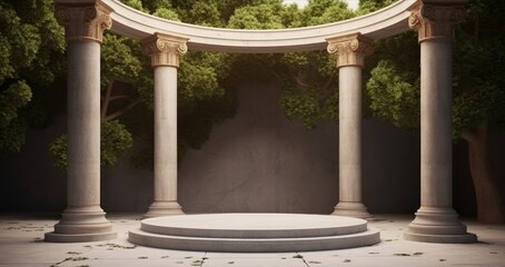 Fototapeta premium Stone platform with Corinthian pillars and natural trees with shadow background. Historical and landmark object for advertising concept. 3D illustration, Generative AI
