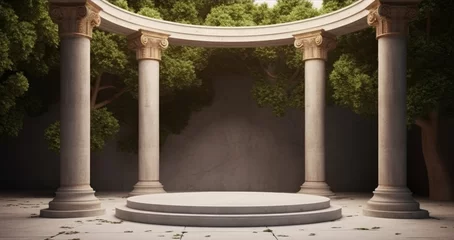 Voilages Lieu de culte Stone platform with Corinthian pillars and natural trees with shadow background. Historical and landmark object for advertising concept. 3D illustration, Generative AI