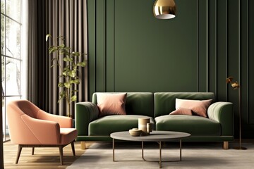 Interior design of modern apartment, living room with green sofa and armchair 3d rendering, Generative AI
