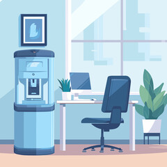A blue empty office with a water cooler to the side