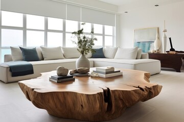 Mediterranean interior design of modern living room with unique wooden live edge coffee table. Generative AI