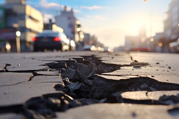 damaged asphalt street with potholes in the city - obrazy, fototapety, plakaty