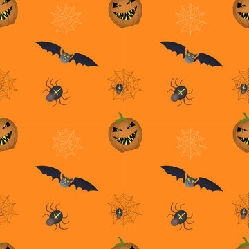 Pumpkins, cobwebs and spiders on an orange background, Halloween. Vector color pattern