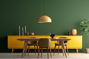 Interior design of modern dining room, wooden table and yellow chairs against green wall with sideboard, 3d rendering, Generative AI