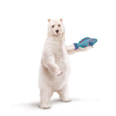 un ours polaire qui tiens un poisson  perroquet  dans la main