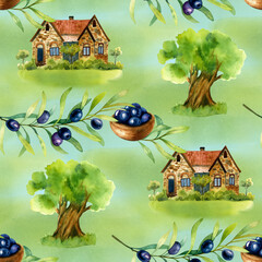 Watercolor seamless pattern of a farmhouse and black olives isolated on green and blue background.