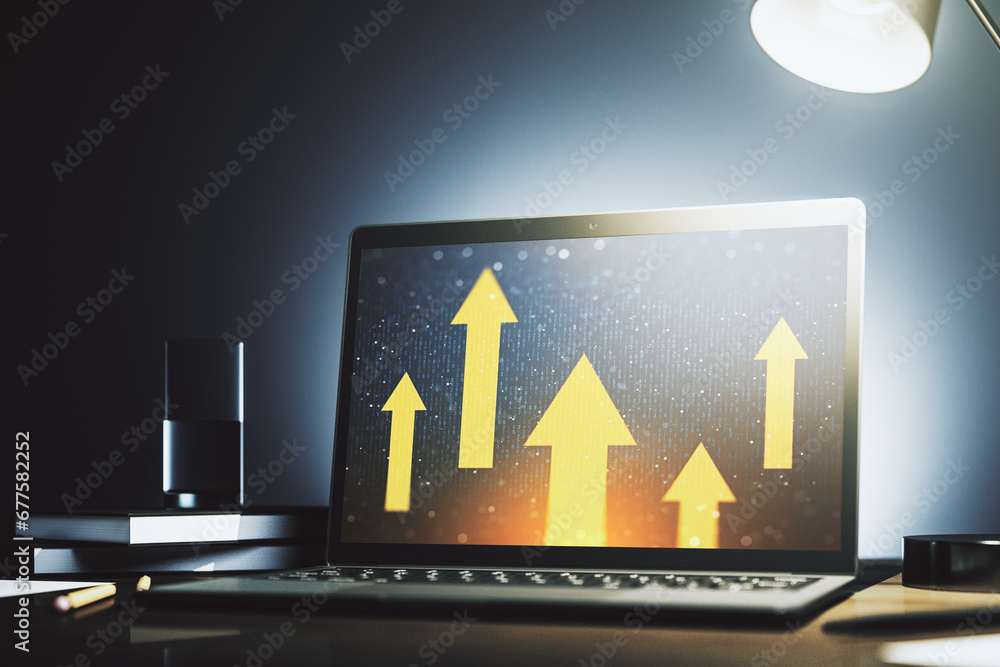 Poster creative concept of upward arrows illustration on modern laptop screen. breakthrough and progress co
