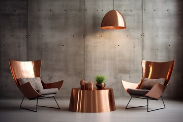 Two copper lounge hairs against concrete wall. Loft interior design of modern living room. Generative AI