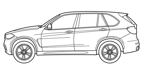 Classic luxury suv car. Crossover car front view shot. Outline doodle vector illustration. Design for print, coloring book