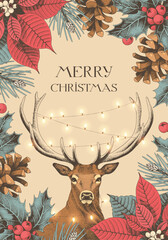 Vector Christmas card with winter flora and deer