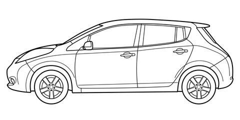 Flat outline doodle illustration of electric car. Side view. The concept of the electronic movement of electromobility.