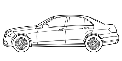 Classic business luxary class sedan car. 4 door car on white background. Side view shot. Outline doodle vector illustration	
