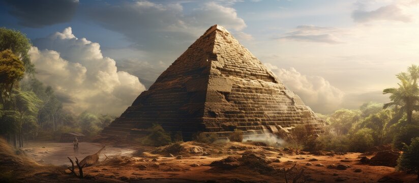 The ancient pyramid with its stone walls and old construction stands as a testament to the architectural prowess and deep connection to nature and the gods blending harmoniously with the ou