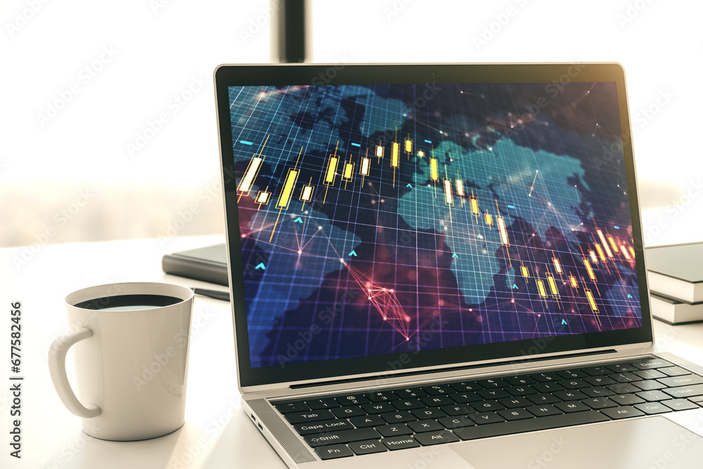 Poster abstract creative financial diagram with world map on modern computer monitor, banking and accountin