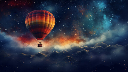 Fototapeta na wymiar Hot air balloon against night sky. Mixed media