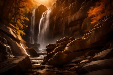 A majestic waterfall cascading down a rocky cliff, illuminated by the warm tones of the evening sun