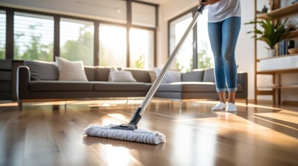 Close-up woman cleaning the flooring with a mop in bright white living room. - obrazy, fototapety, plakaty
