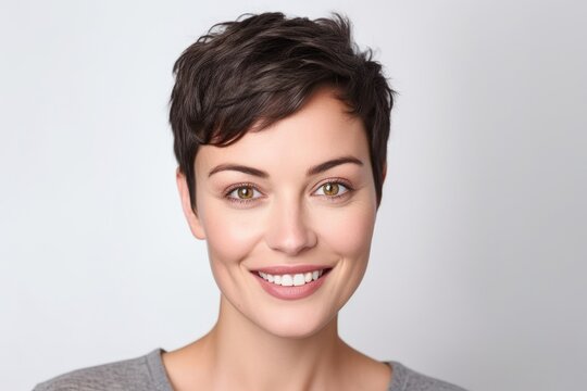 Young beautiful brunette woman with short hair and toothy smile on white background, looking at camera, close up portrait.