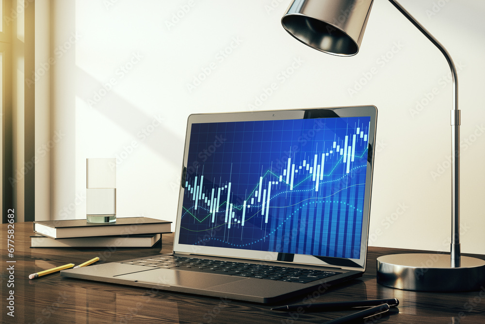 Poster computer monitor with abstract financial graph, finance and trading concept. 3d rendering
