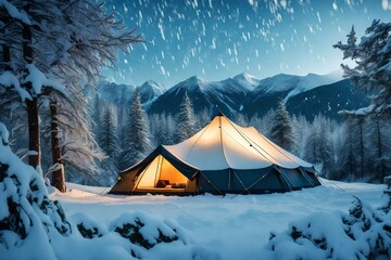 A tent nestled among snow-laden trees, with mountain peaks in the background and falling snowflakes adding to the ambiance.