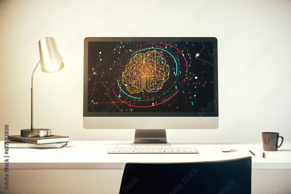 Poster creative artificial intelligence concept with human brain hologram on modern laptop screen. 3d rende