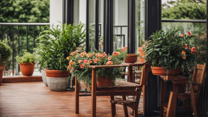 Fototapeta na wymiar Beautiful balcony or terrace with wooden floor, chair and green potted flowers plant. Cozy relaxing area at home