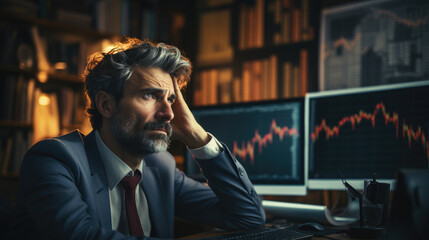 Stressed man in his home stock trading, Looking worried, Investing, Recession, Inflation.