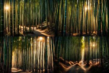 A serene bamboo forest with the last rays of sunlight filtering through the tall, slender stalks