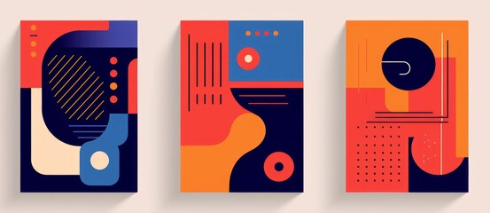Abstract modernism graphic poster design. Vintage colorful  covers set swiss memphis style. Retro geometric art compositions for journal, books, Generative AI