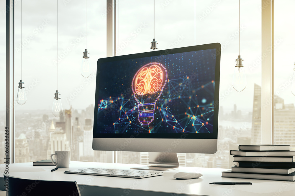 Leinwandbilder creative light bulb with human brain hologram on modern laptop monitor, artificial intelligence and 