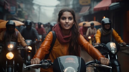 Hundreds of women on the street of India taking part in a motorcycle rally enjoying the ride in a rainy day. - obrazy, fototapety, plakaty