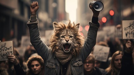 cat in the form of a person, rally, day for the protection and rights of animals, banner - obrazy, fototapety, plakaty