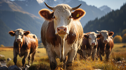 Alpine Serenity: Cows Grazing in Morning Fog. Generative AI