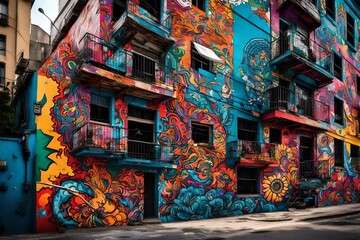 A dull city block transformed into a captivating masterpiece with a vibrant street art mural, showcasing bold psychedelic colors and intricate designs, impeccably captured by an HD camera