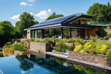 Fototapeta na wymiar Modern Eco-Friendly House with Solar Panels in Natural Landscape