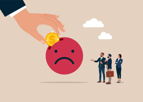 Businessman hand put coin on wicked emoji. Negative reviews, bad reputation, low ratings. Flat vector illustration