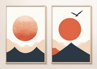 Abstract mountain landscape poster. Contemporary nature sun moon birds art print, boho minimalist wall decor.  set, Generative AI