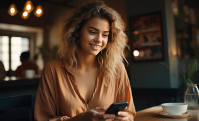 Young happy smiling pretty woman sitting at table holding smartphone using cellphone modern technology, Looking at mobile phone while remote working or learning, Texting messages at home.