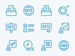 Election and Voting vector line icons. Vote and Polling outline icon set. Debate, Protest, Democracy, Ballot Box, Candidate, Rating, Statistics and more.