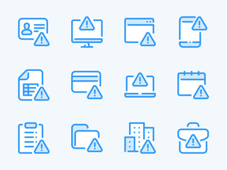Warning and Alert Notification vector line icons. Error, Attention and Caution outline icon set. Payment, Document, Folder, Identification, Website, Calendar and more.