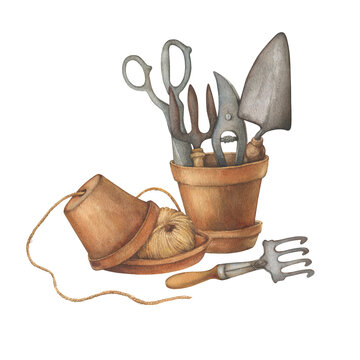 Garden twine and rustic vintage tools in terracotta ceramic pots - old farmhouse utensils. Hand drawn watercolor painting illustration isolated on white background.