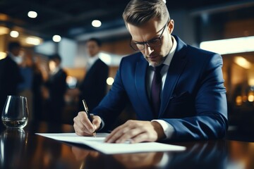 Confident businessman signing a contract in group negotiations, Business partners make a successful investment deal, Agreement, seller signs legal documents.