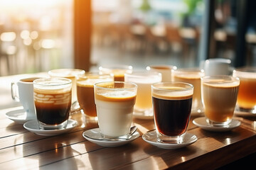 Close up multiple cups of coffee with variety of coffee drinks on wooden table in background of modern cafe. Lifestyle concept of rest and holidays. - obrazy, fototapety, plakaty