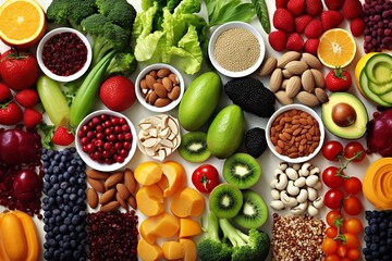 A colorful and artistic montage of various healthy foods, including fresh fruits, crisp vegetables, assorted nuts, and whole grains, arranged on a neutral background