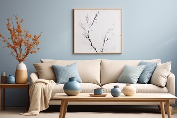 Closeup shot of modern living room with white sofa, blue wall and wooden table. Created with Ai